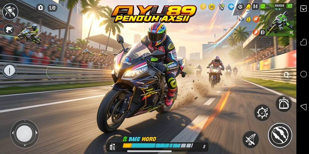 Screenshot AYU89 menampilkan aksi balapan motor yang mendebarkan.