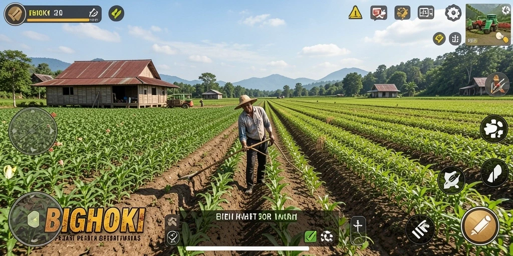 Tampilan menarik dari gameplay BIGHOKI dengan ladang yang luas.