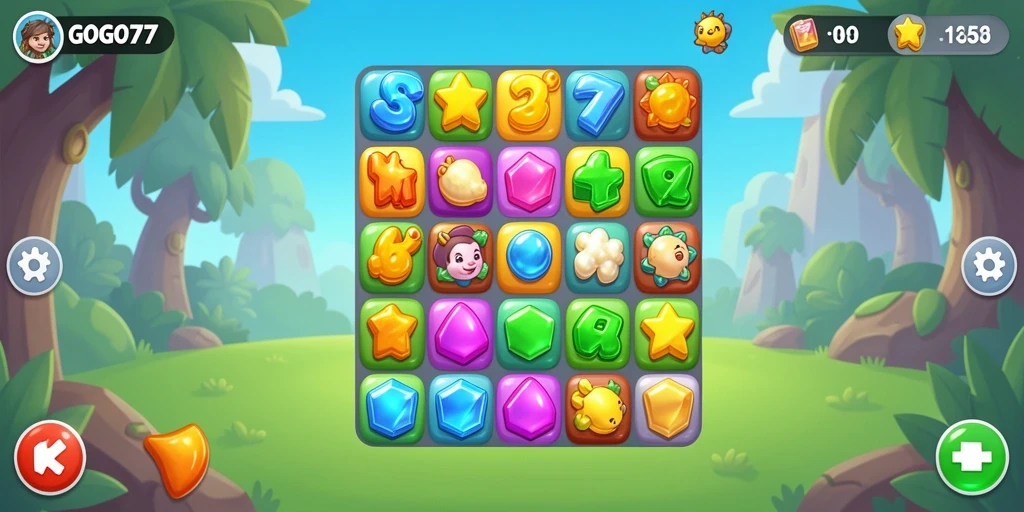 Screenshot GOGO77 menampilkan gameplay Match-3 yang menarik dan menantang.
