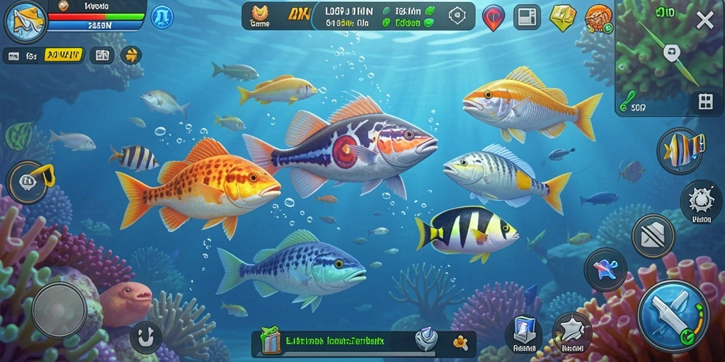 Tampilan gameplay LAVOWIN dengan ikan berwarna-warni yang menarik.