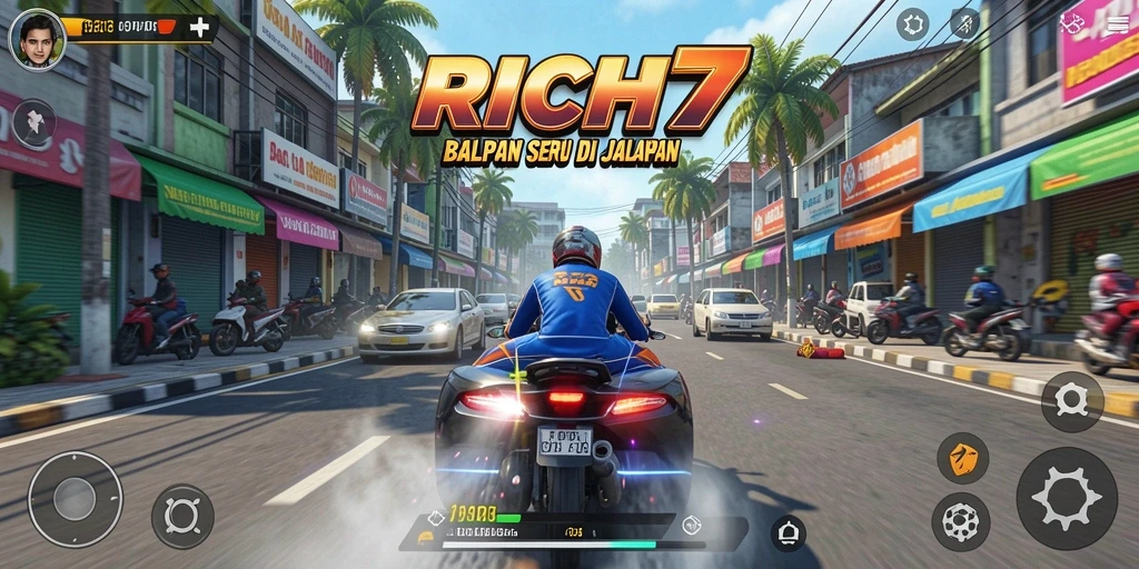 Screenshot gameplay RICH7 dengan aksi balapan mendebarkan.
